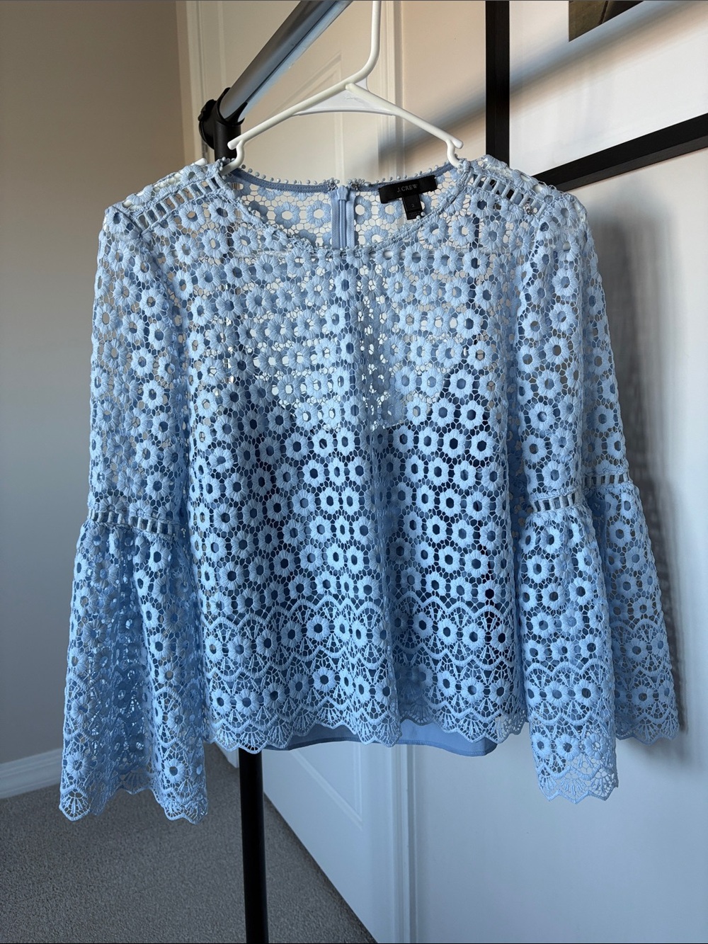 J. Crew Pale Blue Crochet Lace Bell-Sleeve Blouse